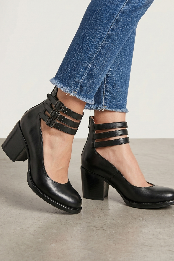 Eira | Women Block Heel Shoes – Closed Round Toe Ankle Strap Pumps, Multi Strap Buckle Heels