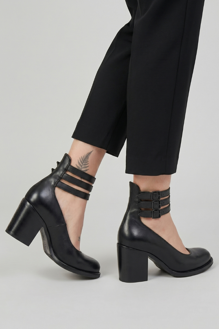 Eira | Women Block Heel Shoes – Closed Round Toe Ankle Strap Pumps, Multi Strap Buckle Heels