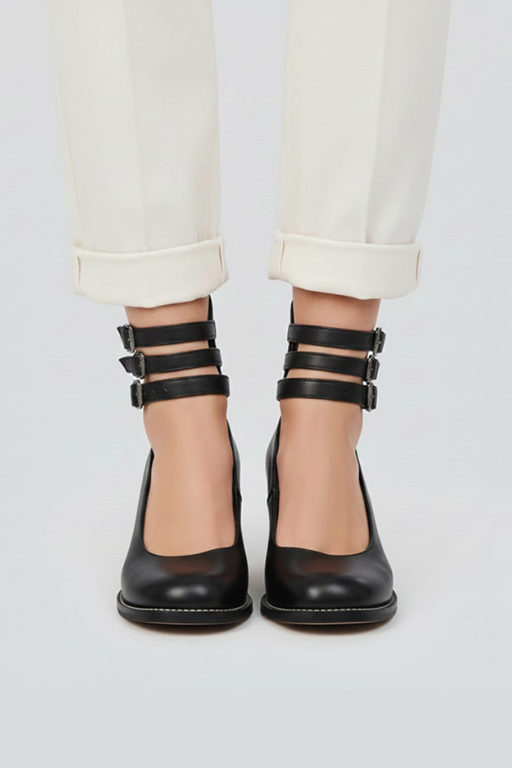 Eira | Women Block Heel Shoes – Closed Round Toe Ankle Strap Pumps, Multi Strap Buckle Heels