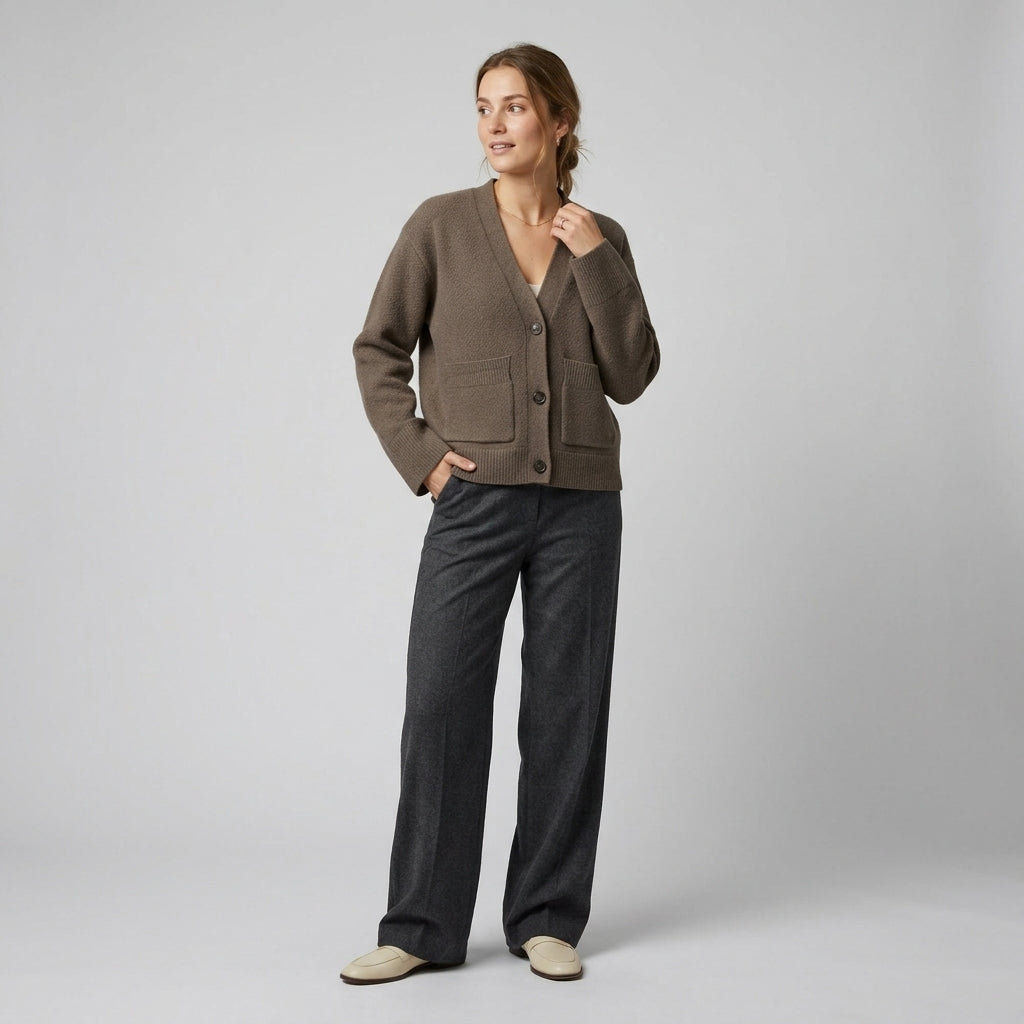 Eirlys | Women’s V-Neck Cardigan – Button Front, Patch Pockets