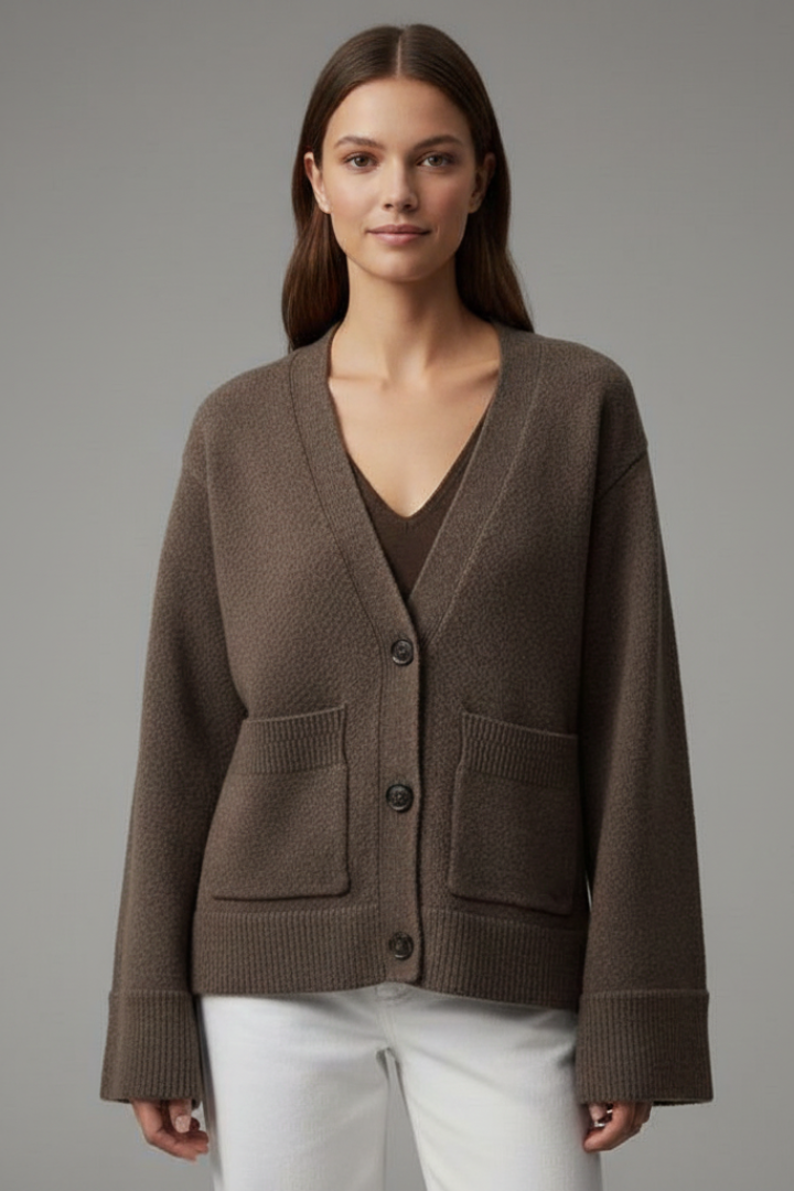Eirlys | Women’s V-Neck Cardigan – Button Front, Patch Pockets