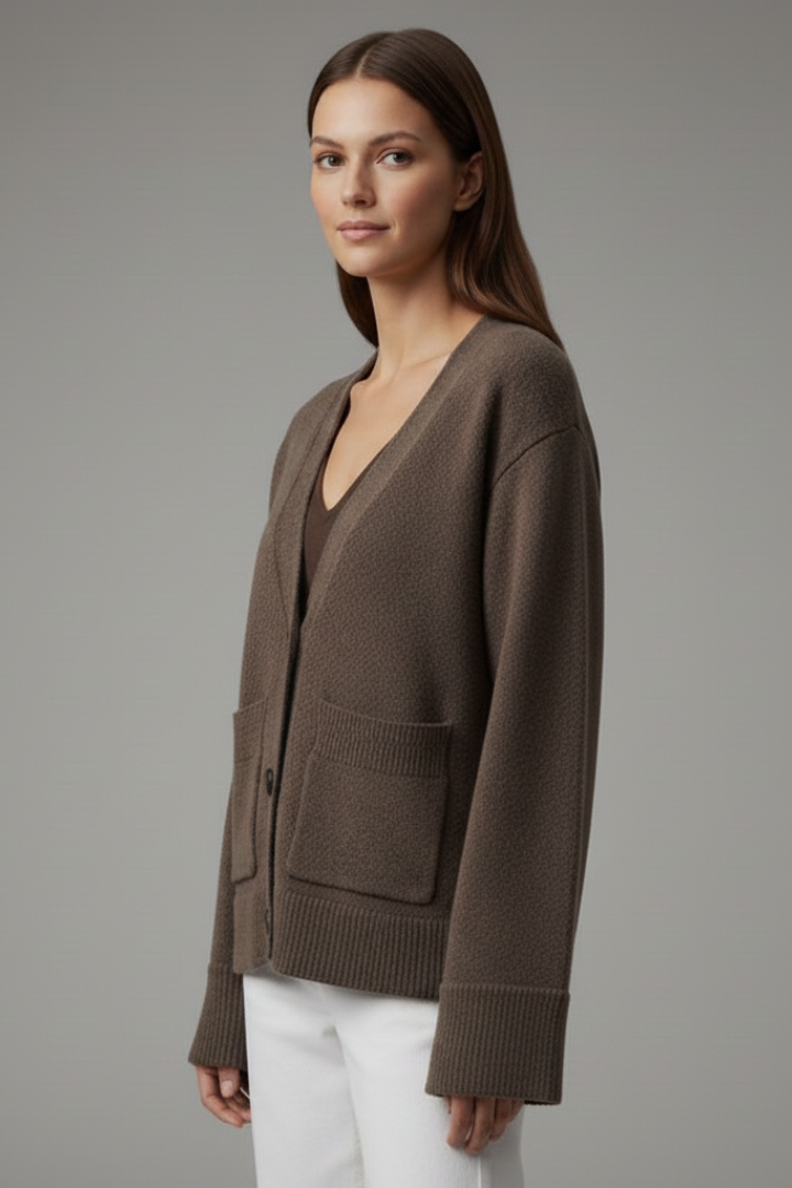 Eirlys | Women’s V-Neck Cardigan – Button Front, Patch Pockets