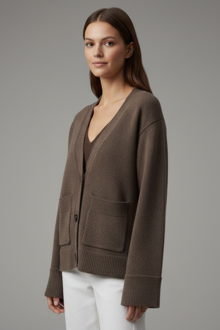 Eirlys | Women’s V-Neck Cardigan – Button Front, Patch Pockets