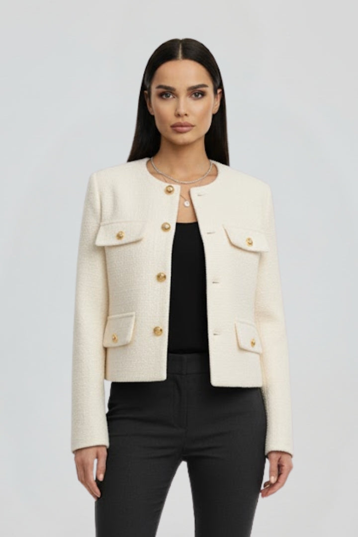 Elanise | Women's Textured Cropped Coat – Round Neck Button Front Jacket