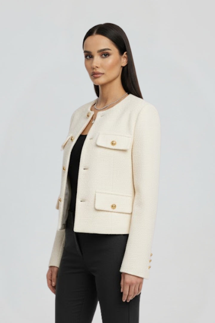 Elanise | Women's Textured Cropped Coat – Round Neck Button Front Jacket