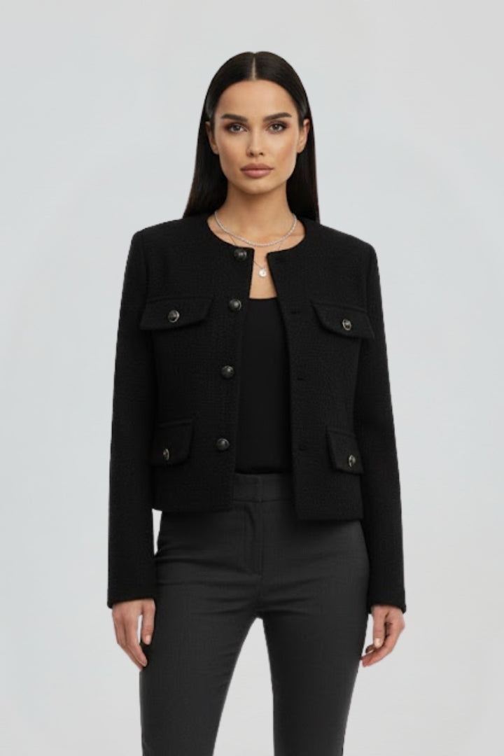 Elanise | Women's Textured Cropped Coat – Round Neck Button Front Jacket