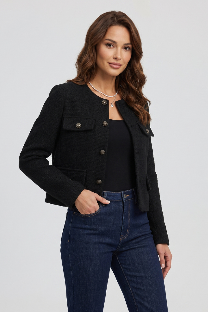 Elanise | Women's Textured Cropped Coat – Round Neck Button Front Jacket