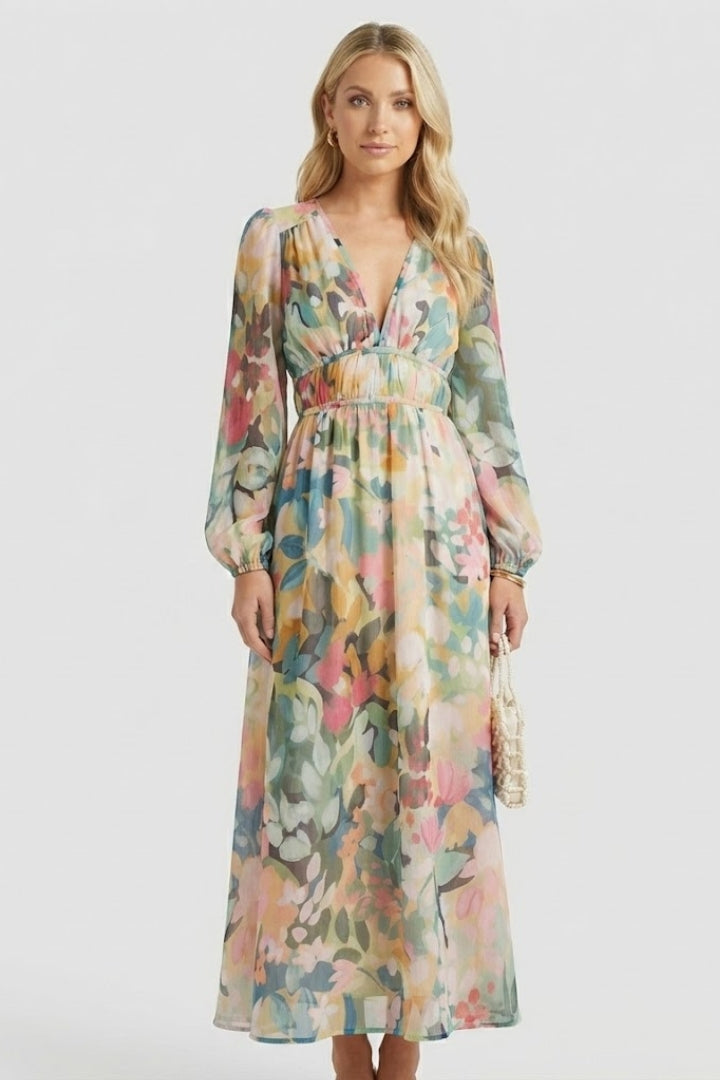Elaris | Women’s Long Sleeve Floral Maxi Dress – V Neck Flowing Party Dress
