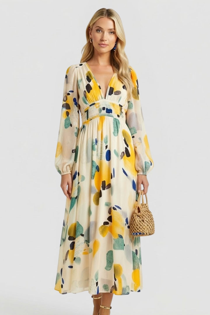 Elaris | Women’s Long Sleeve Floral Maxi Dress – V Neck Flowing Party Dress