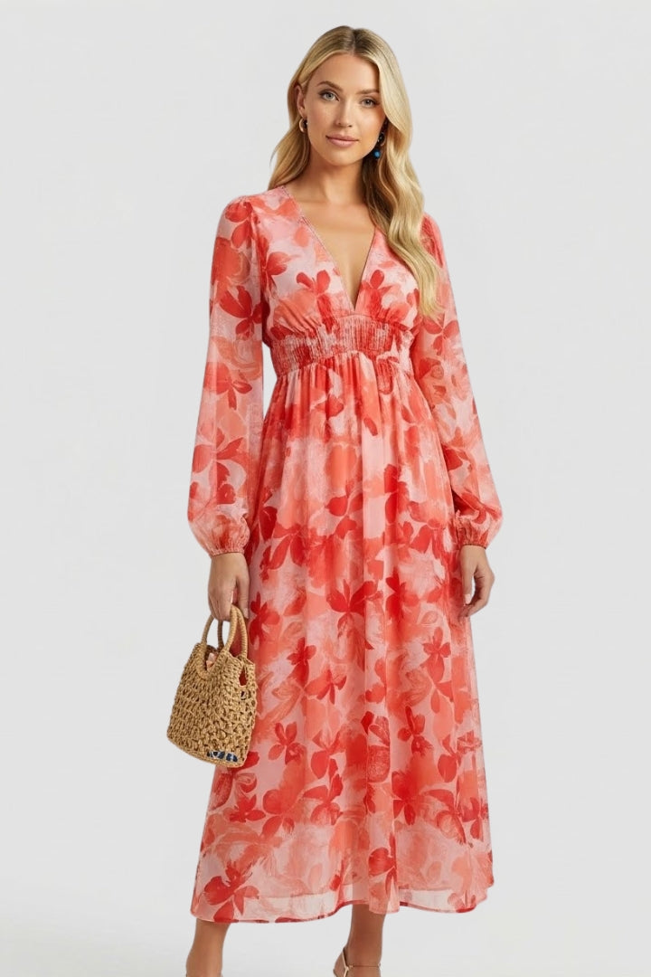 Elaris | Women’s Long Sleeve Floral Maxi Dress – V Neck Flowing Party Dress