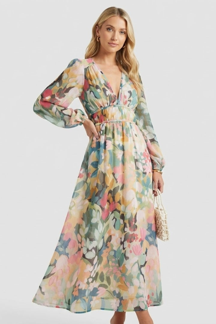 Elaris | Women’s Long Sleeve Floral Maxi Dress – V Neck Flowing Party Dress