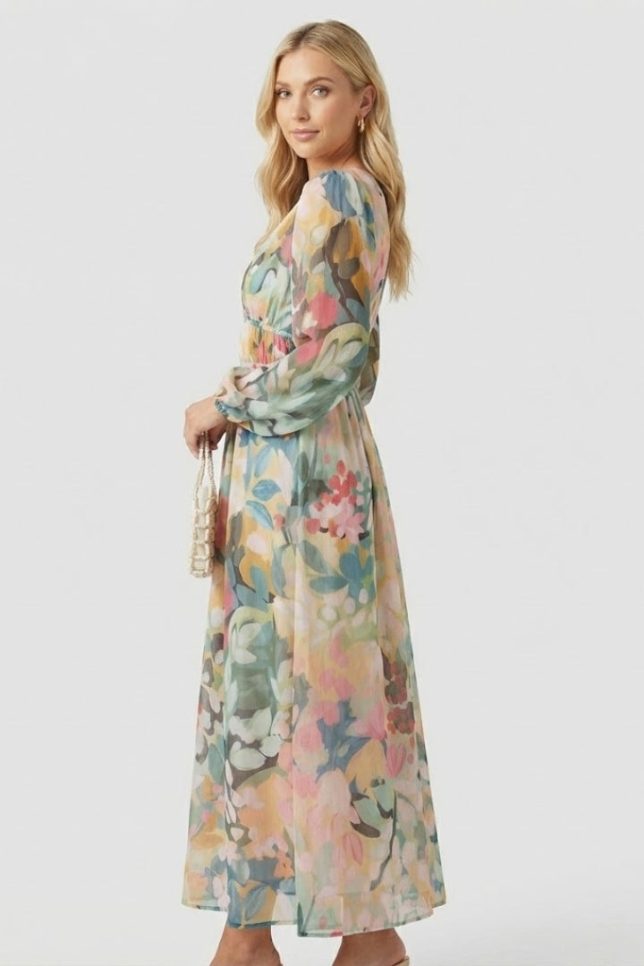 Elaris | Women’s Long Sleeve Floral Maxi Dress – V Neck Flowing Party Dress