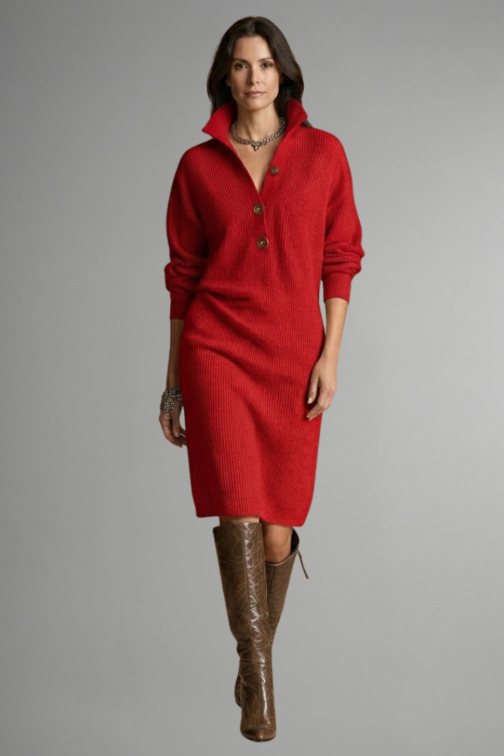 Elarisse | Women’s Ribbed Knit Sweater Dress, Long Sleeve, Button Placket