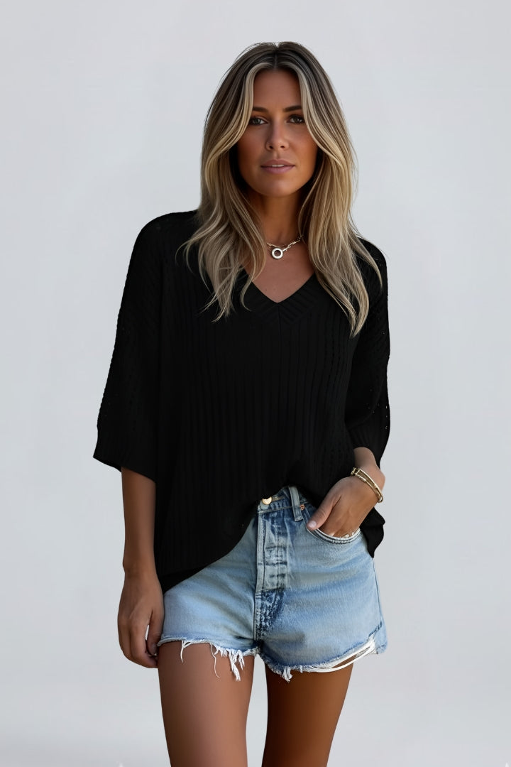 Elarova | Women’s V-Neck Hollow Out Blouse – Short Sleeve Scalloped Hem, Woven Top