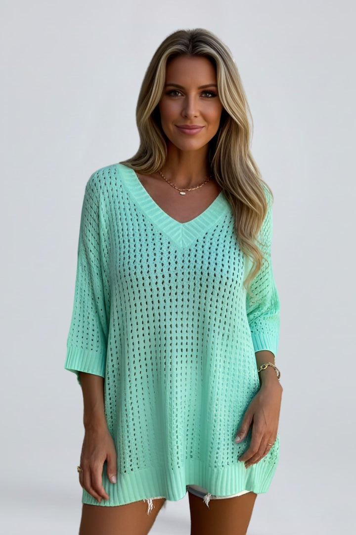 Elarova | Women’s V-Neck Hollow Out Blouse – Short Sleeve Scalloped Hem, Woven Top