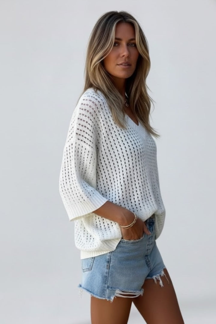 Elarova | Women’s V-Neck Hollow Out Blouse – Short Sleeve Scalloped Hem, Woven Top