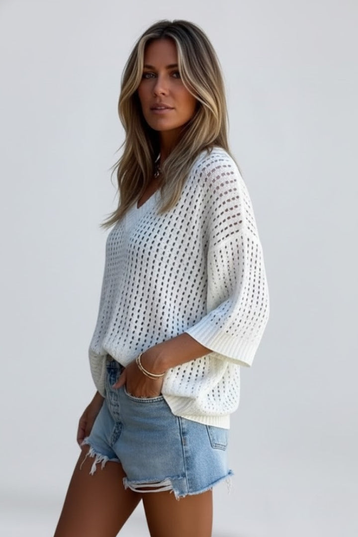 Elarova | Women’s V-Neck Hollow Out Blouse – Short Sleeve Scalloped Hem, Woven Top