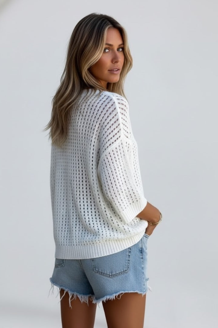 Elarova | Women’s V-Neck Hollow Out Blouse – Short Sleeve Scalloped Hem, Woven Top