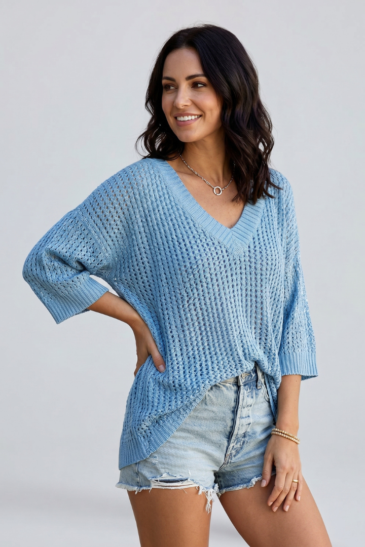 Elarova | Women’s V-Neck Hollow Out Blouse – Short Sleeve Scalloped Hem, Woven Top
