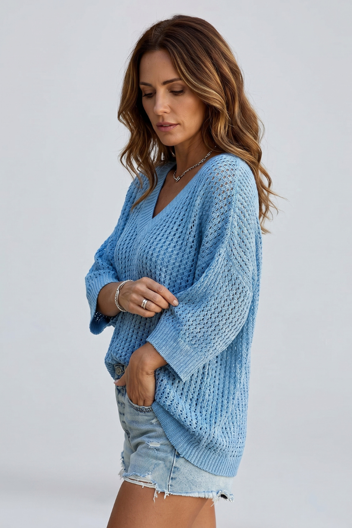 Elarova | Women’s V-Neck Hollow Out Blouse – Short Sleeve Scalloped Hem, Woven Top