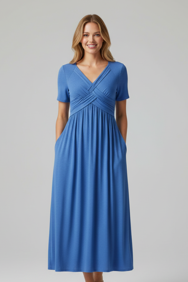 Elaryne | Women's Long Summer Dress – V-Neck Short Sleeve Casual Maxi Dress
