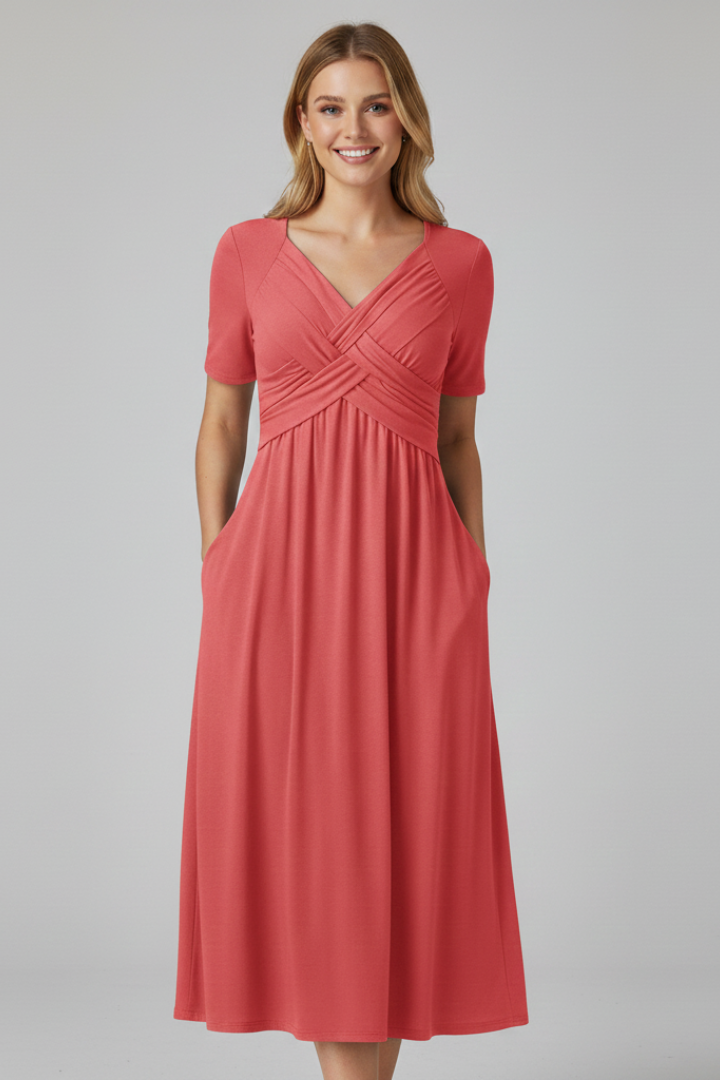 Elaryne | Women's Long Summer Dress – V-Neck Short Sleeve Casual Maxi Dress