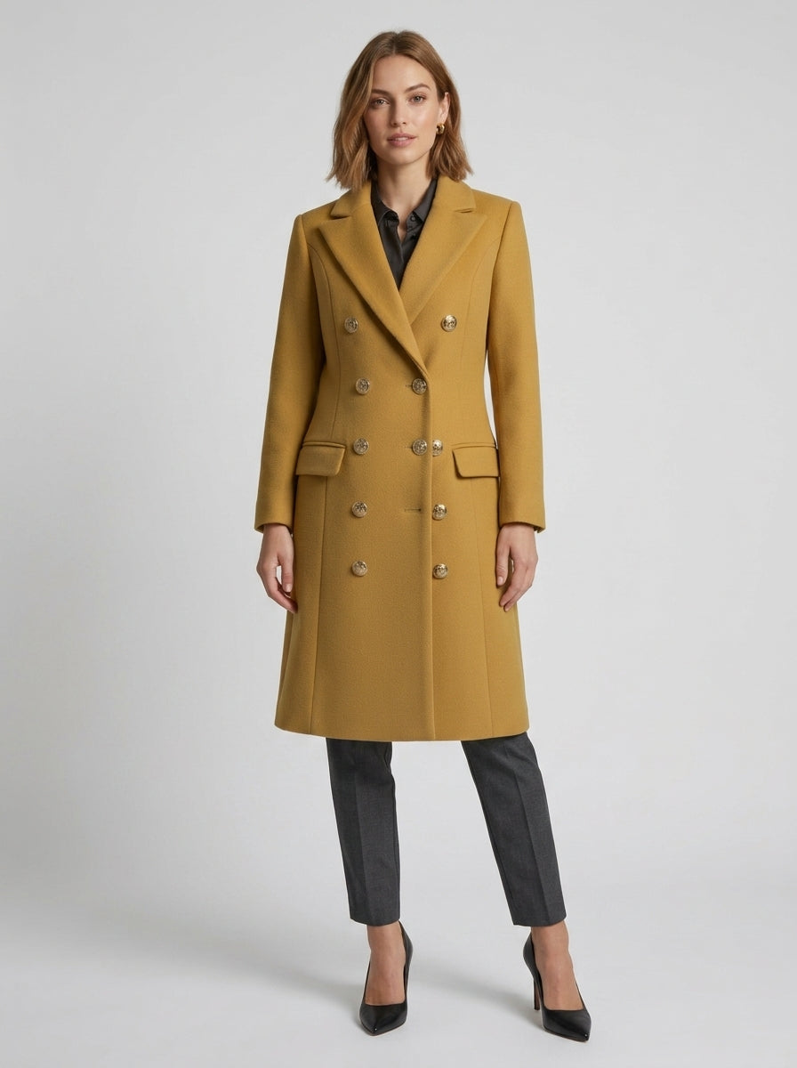 Eleanora | Women’s Long Coat – Double-Breasted Metallic Buttons