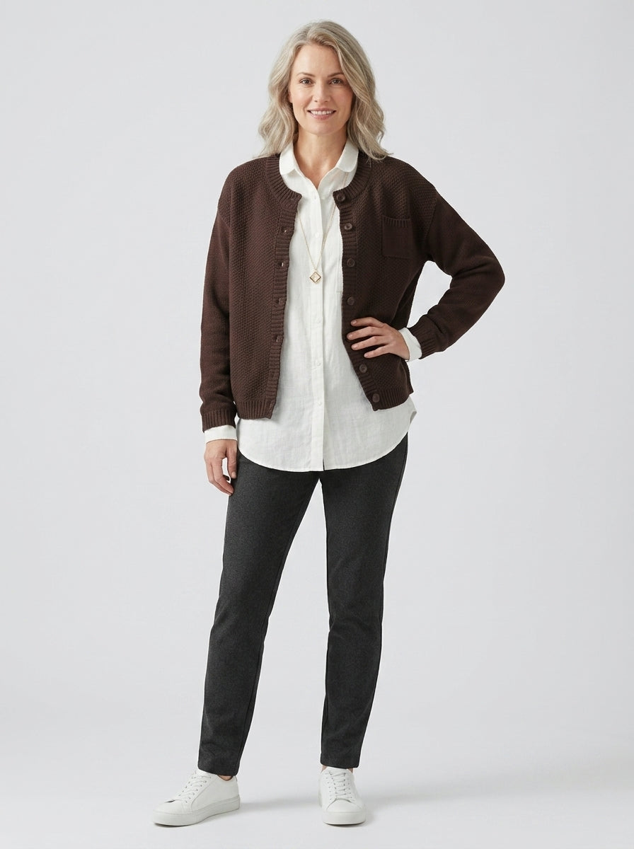 Elenora | Women’s Knit Cardigan, Round Neck Button Front, Long Sleeve