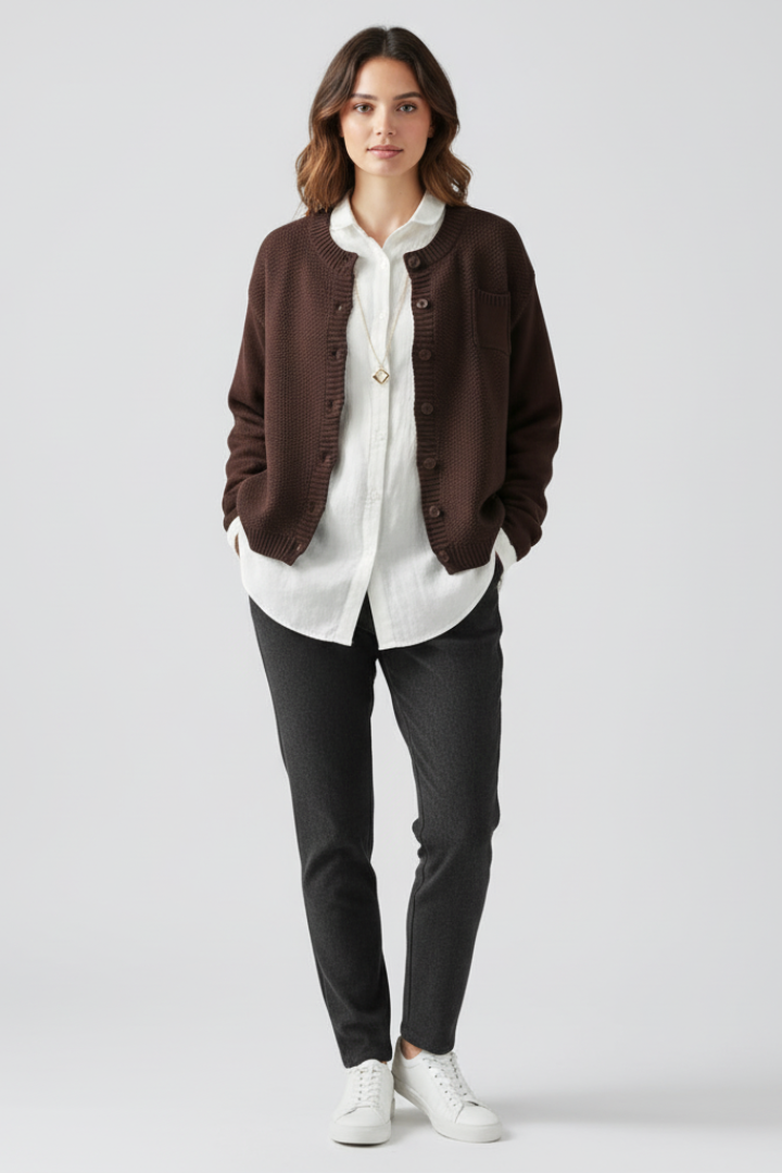 Elenora | Women’s Knit Cardigan, Round Neck Button Front, Long Sleeve