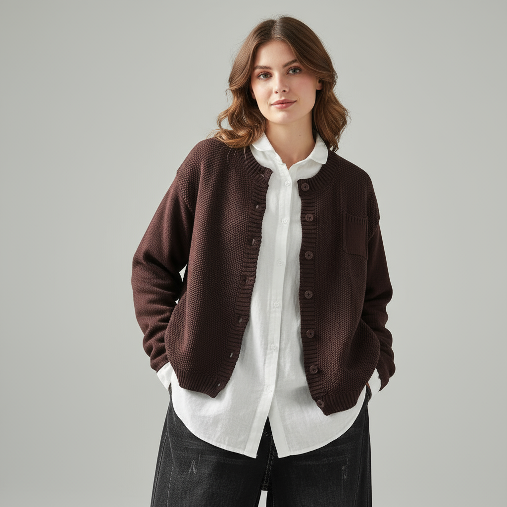 Elenora | Women’s Knit Cardigan, Round Neck Button Front, Long Sleeve