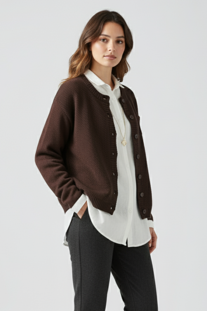 Elenora | Women’s Knit Cardigan, Round Neck Button Front, Long Sleeve