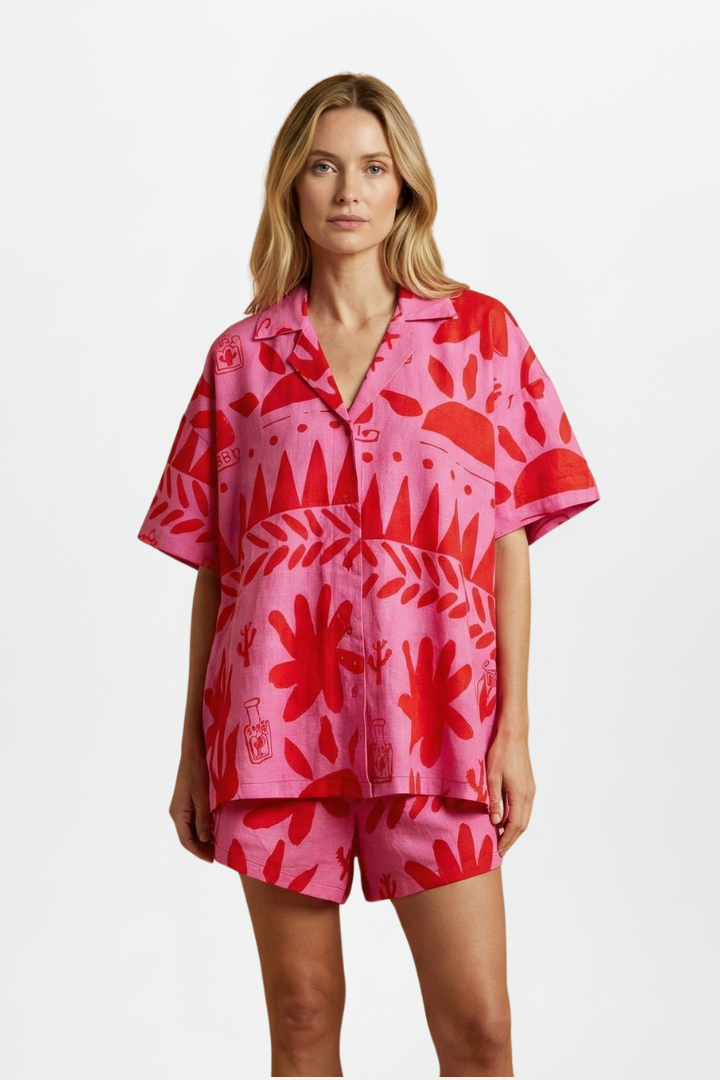 Elia | Women’s Printed 2-Piece Set – Short Sleeve Button Shirt & Matching Shorts