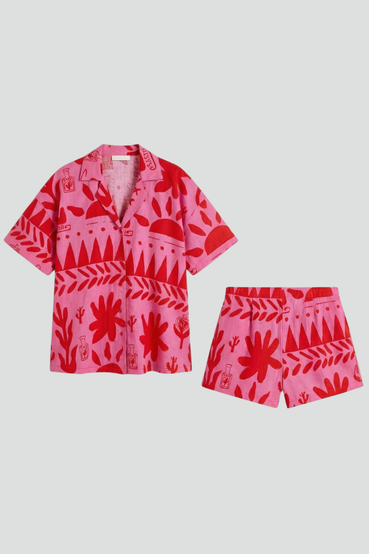 Elia | Women’s Printed 2-Piece Set – Short Sleeve Button Shirt & Matching Shorts