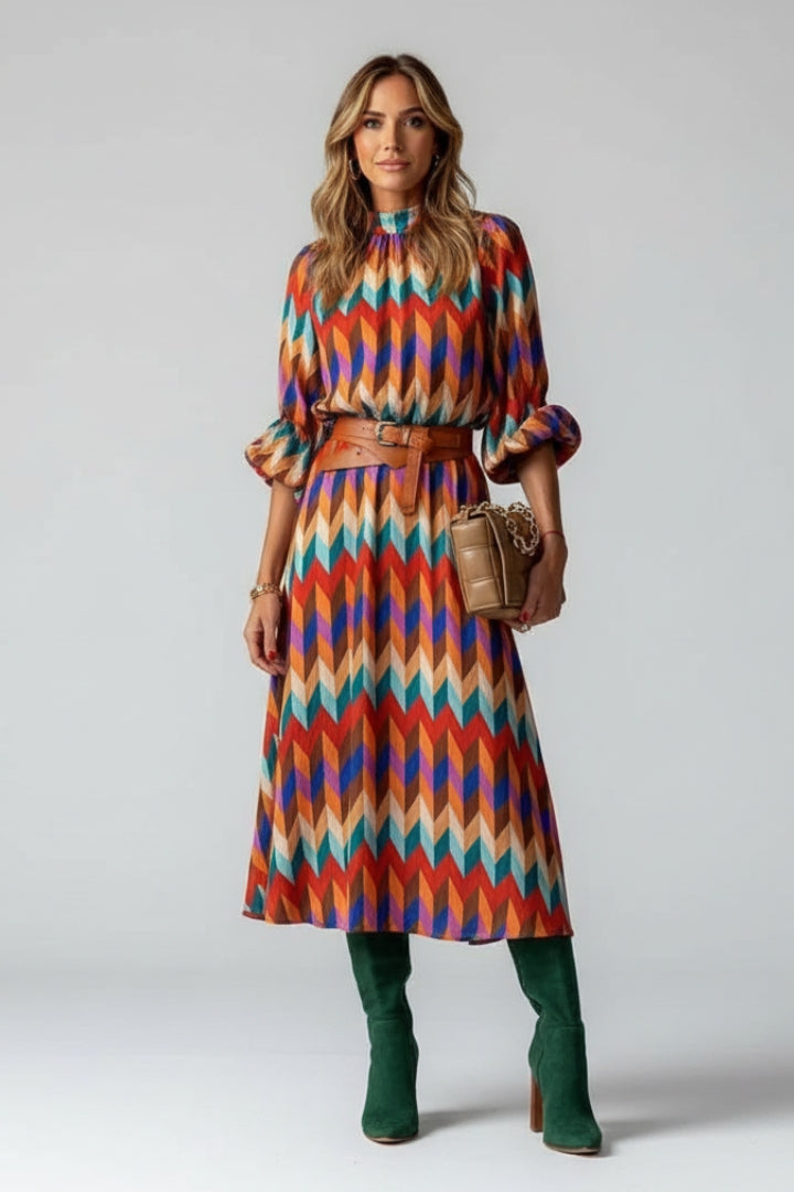 Elira | Women’s Multicolour Geometric Midi Dress – Elastic Waist Long Sleeve Dress