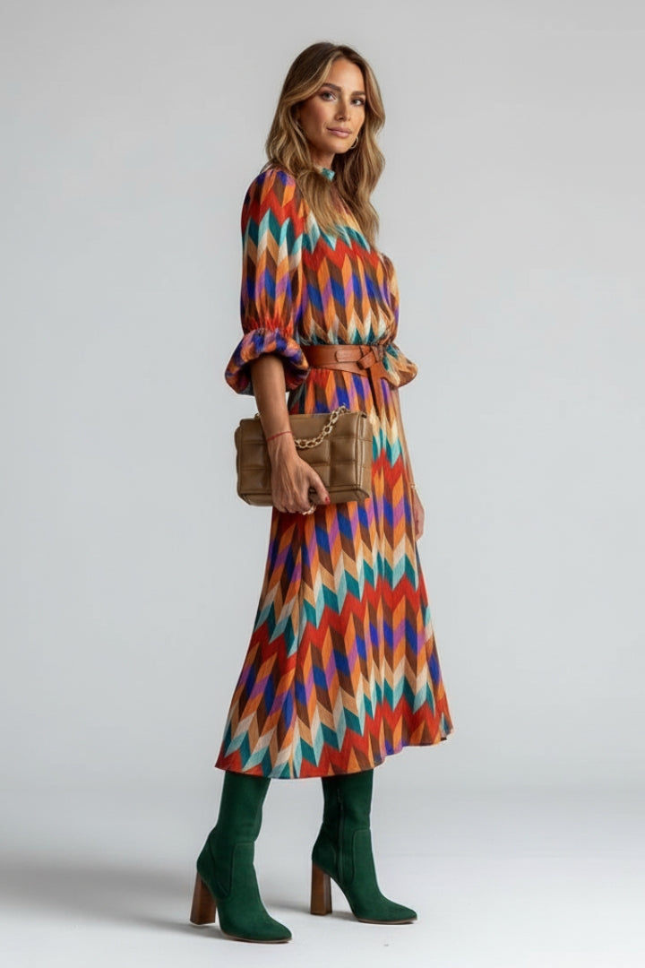 Elira | Women’s Multicolour Geometric Midi Dress – Elastic Waist Long Sleeve Dress