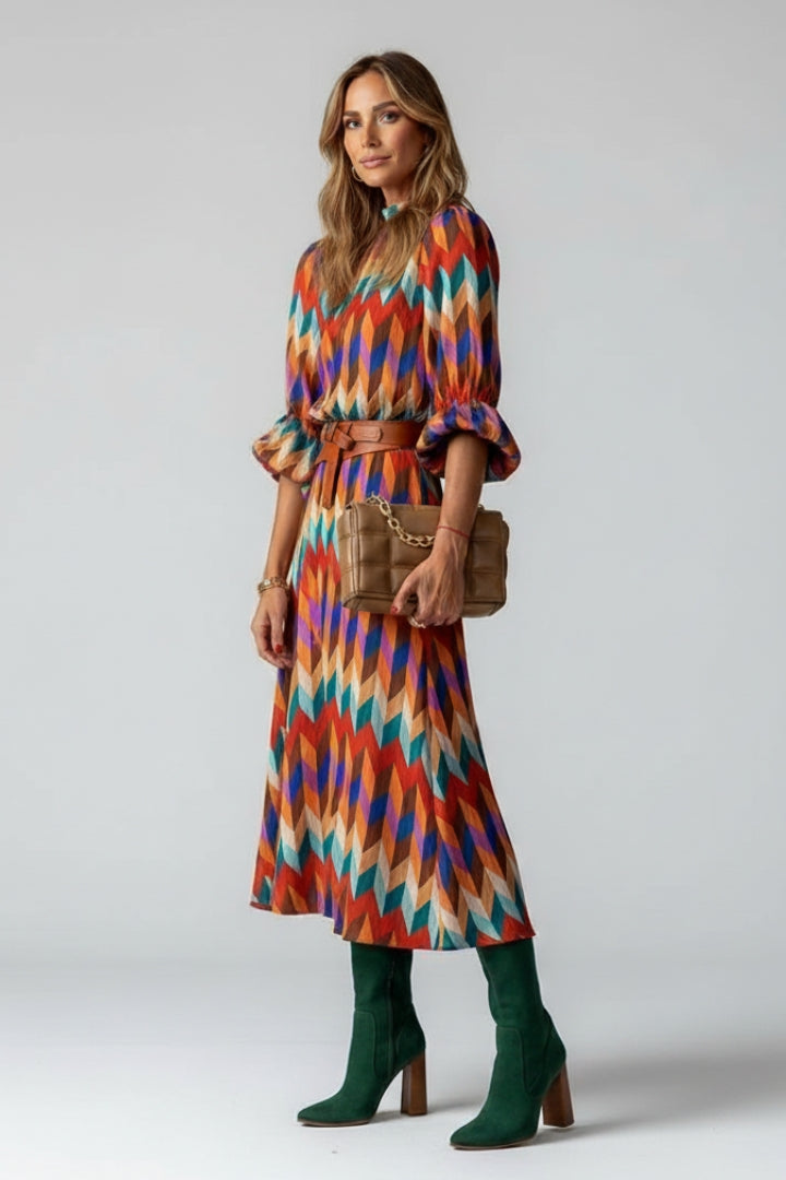 Elira | Women’s Multicolour Geometric Midi Dress – Elastic Waist Long Sleeve Dress