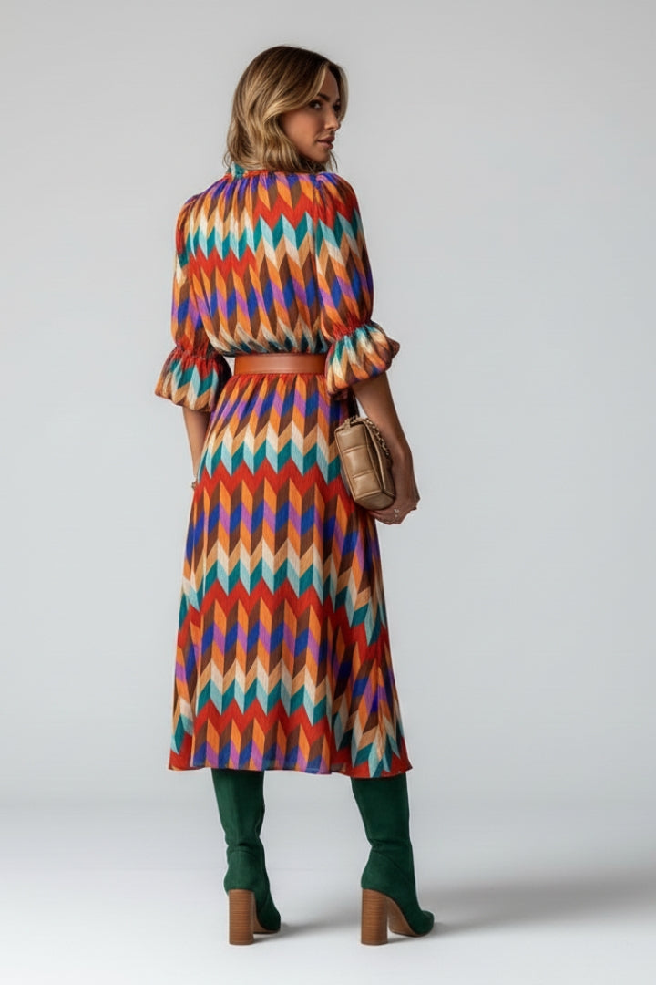 Elira | Women’s Multicolour Geometric Midi Dress – Elastic Waist Long Sleeve Dress