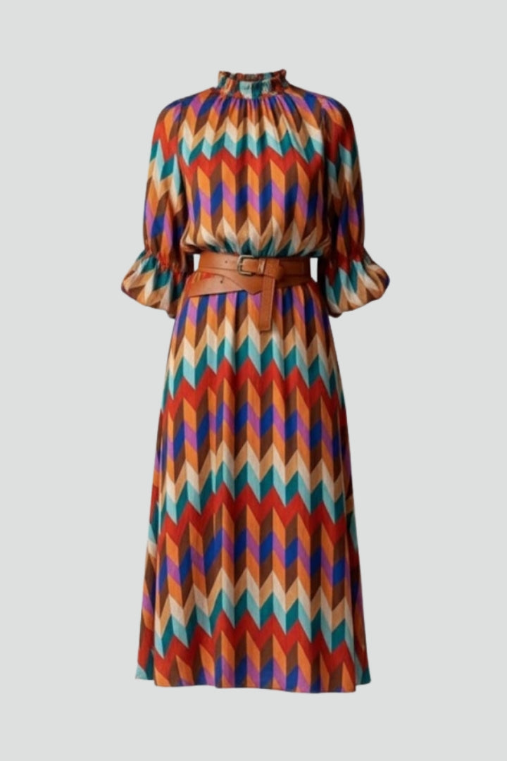 Elira | Women’s Multicolour Geometric Midi Dress – Elastic Waist Long Sleeve Dress
