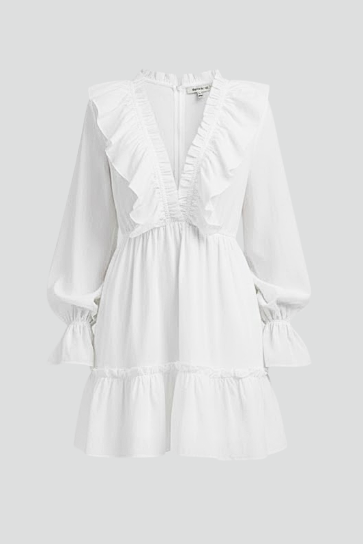Elizabeth | Women’s V-Neck Mini Dress – Ruffle Trim, Long Sleeve Flared Cuffs, Short Dress