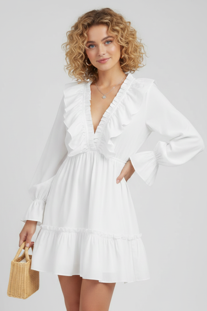 Elizabeth | Women’s V-Neck Mini Dress – Ruffle Trim, Long Sleeve Flared Cuffs, Short Dress
