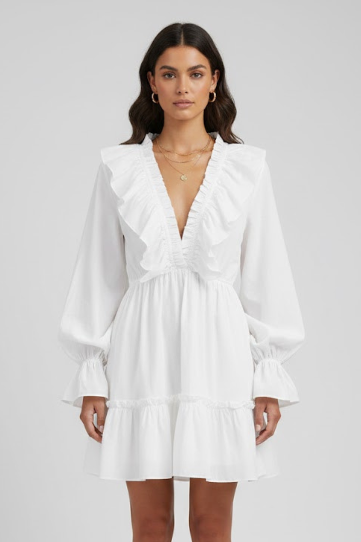 Elizabeth | Women’s V-Neck Mini Dress – Ruffle Trim, Long Sleeve Flared Cuffs, Short Dress