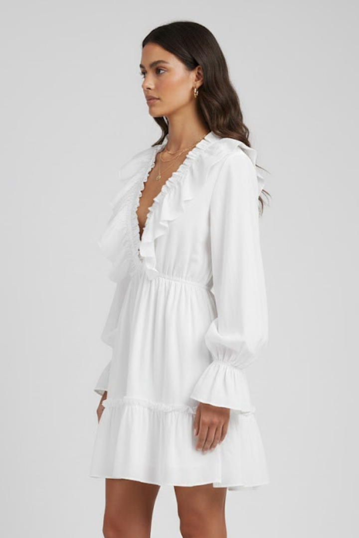Elizabeth | Women’s V-Neck Mini Dress – Ruffle Trim, Long Sleeve Flared Cuffs, Short Dress