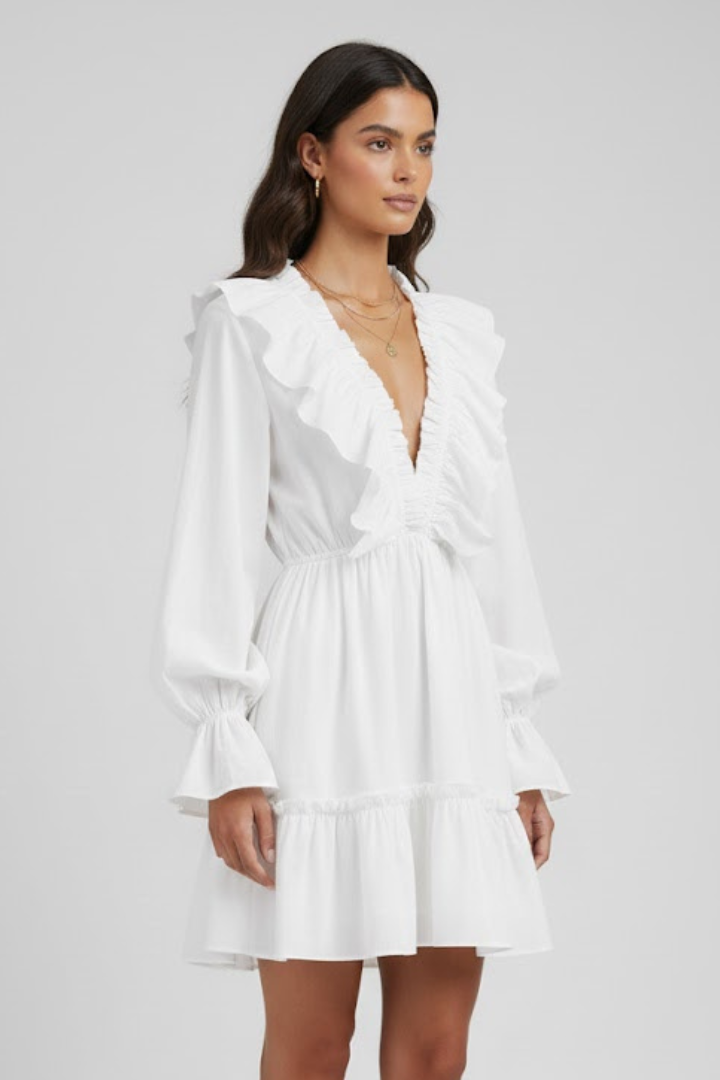 Elizabeth | Women’s V-Neck Mini Dress – Ruffle Trim, Long Sleeve Flared Cuffs, Short Dress