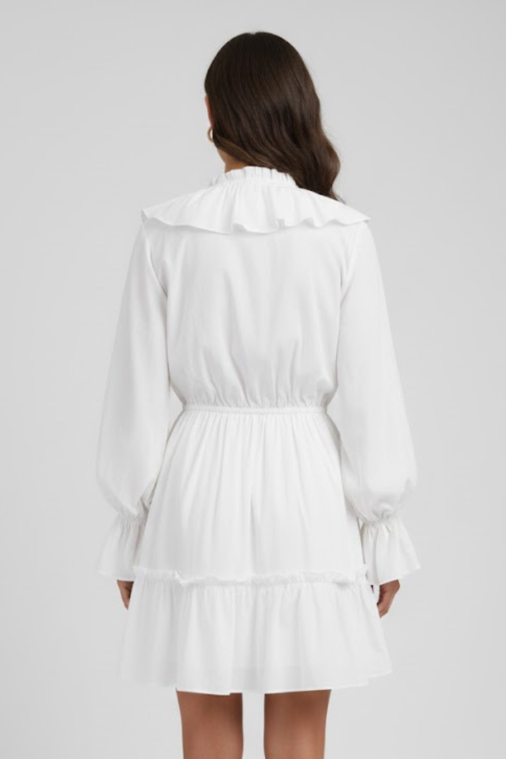 Elizabeth | Women’s V-Neck Mini Dress – Ruffle Trim, Long Sleeve Flared Cuffs, Short Dress