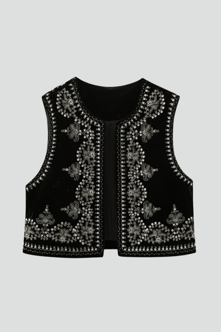 Ella | Women’s Embroidered Vest – Sleeveless Open Front Vintage Style Waistcoat