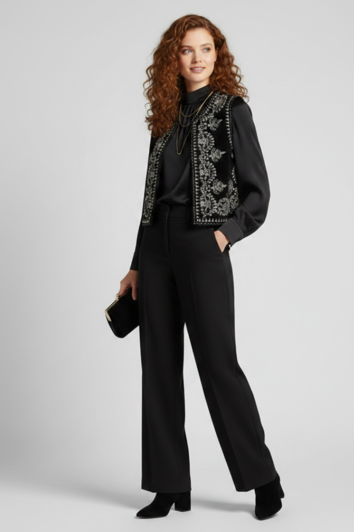 Ella | Women’s Embroidered Vest – Sleeveless Open Front Vintage Style Waistcoat