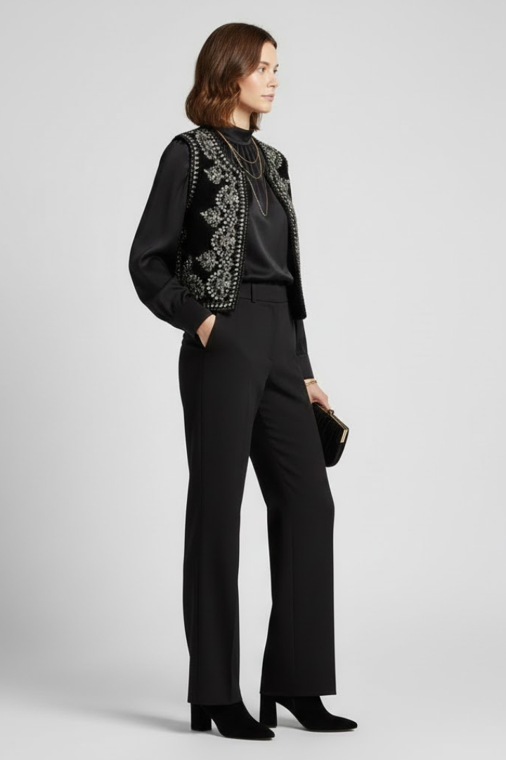 Ella | Women’s Embroidered Vest – Sleeveless Open Front Vintage Style Waistcoat