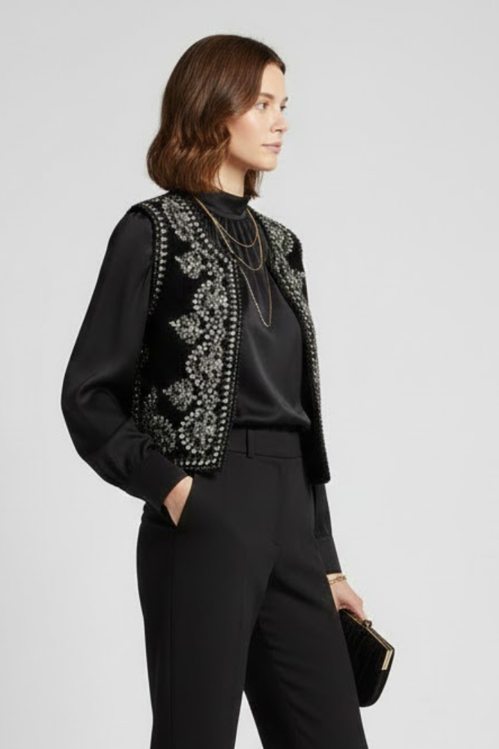 Ella | Women’s Embroidered Vest – Sleeveless Open Front Vintage Style Waistcoat