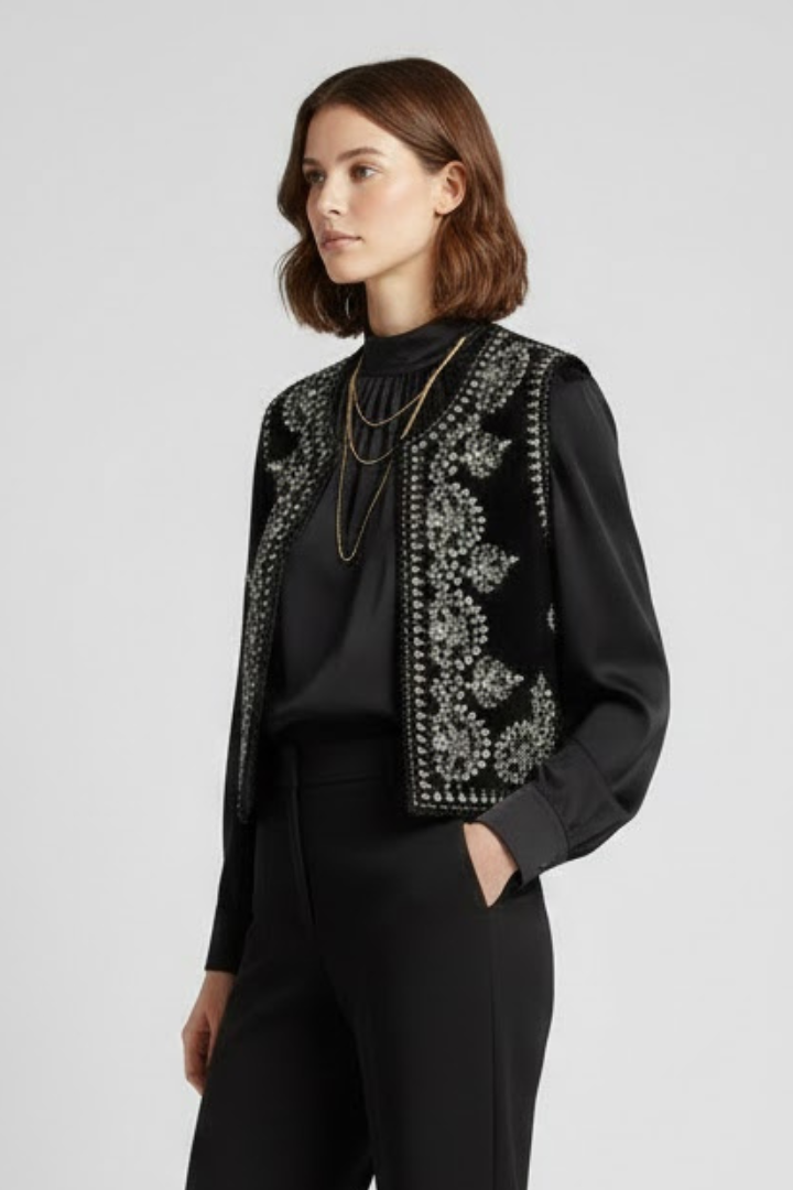 Ella | Women’s Embroidered Vest – Sleeveless Open Front Vintage Style Waistcoat