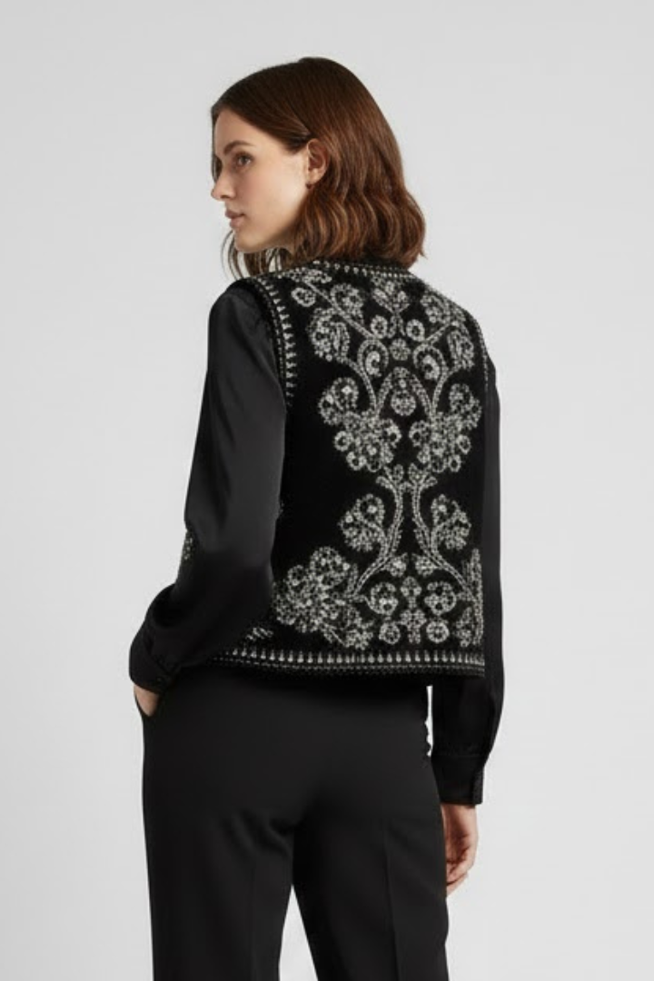 Ella | Women’s Embroidered Vest – Sleeveless Open Front Vintage Style Waistcoat